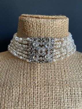 Monet White faux Pear & crystal bead Multi-Strand Choker necklace.
